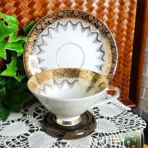 👉*VTG 50s* RICH BAVARIAN GILTED FINE BONE PORCELAIN CHINA TEA CUP & SAUCER SET
